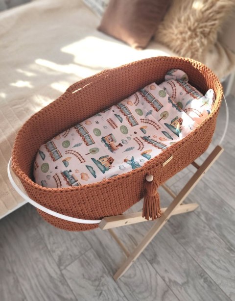 Bawełniany Kosz Mojżesza Boho Handmade z Antybakteryjnym Materacykiem i Stojakiem dla Niemowląt - terakota