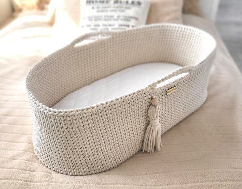 Bawełniany Kosz Mojżesza Boho Handmade z Antybakteryjnym Materacykiem dla Niemowląt - śmietankowy