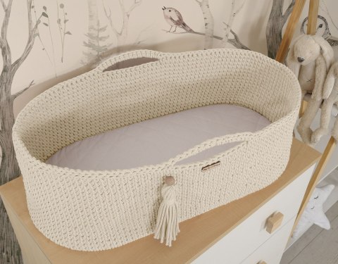 Bawełniany Kosz Mojżesza Boho Handmade z Antybakteryjnym Materacykiem dla Niemowląt - śmietankowy