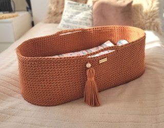 Bawełniany Kosz Mojżesza Boho Handmade z Antybakteryjnym Materacykiem dla Niemowląt - terakota