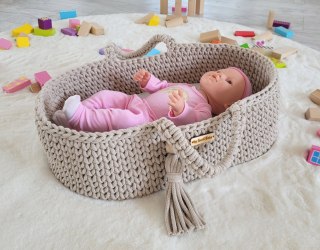 Kosz Mojżesza BOHO dla lalek – bawełniane nosidełko handmade do zabawy - jasny beż