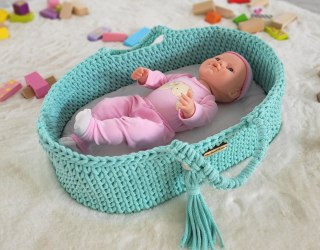 Kosz Mojżesza BOHO dla lalek – bawełniane nosidełko handmade do zabawy - miętowy