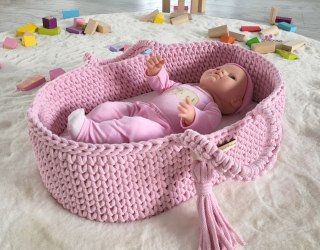 Kosz Mojżesza BOHO dla lalek – bawełniane nosidełko handmade do zabawy - różowy