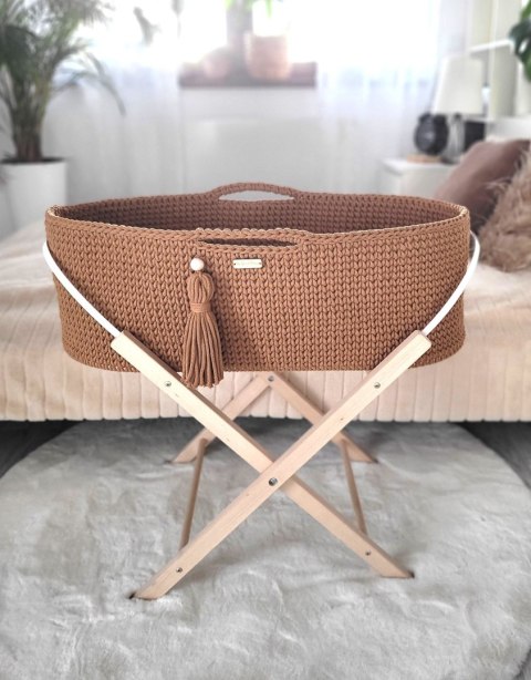 Bawełniany Kosz Mojżesza Boho Handmade z Antybakteryjnym Materacykiem i Stojakiem dla Niemowląt - karmelowy Bawełniany Kosz Mojżesza Boho Handmade z Antybakteryjnym Materacykiem i Stojakiem dla Niemowląt - karmelowy
