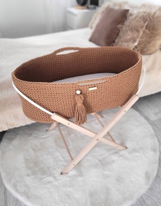 Bawełniany Kosz Mojżesza Boho Handmade z Antybakteryjnym Materacykiem i Stojakiem dla Niemowląt - karmelowy