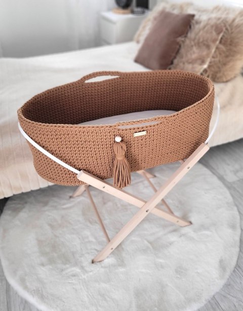 Bawełniany Kosz Mojżesza Boho Handmade z Antybakteryjnym Materacykiem i Stojakiem dla Niemowląt - karmelowy Bawełniany Kosz Mojżesza Boho Handmade z Antybakteryjnym Materacykiem i Stojakiem dla Niemowląt - karmelowy