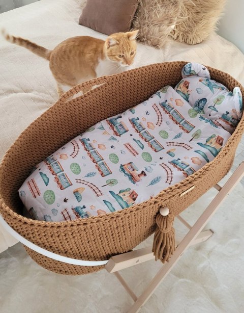 Bawełniany Kosz Mojżesza Boho Handmade z Antybakteryjnym Materacykiem i Stojakiem dla Niemowląt - karmelowy Bawełniany Kosz Mojżesza Boho Handmade z Antybakteryjnym Materacykiem i Stojakiem dla Niemowląt - karmelowy