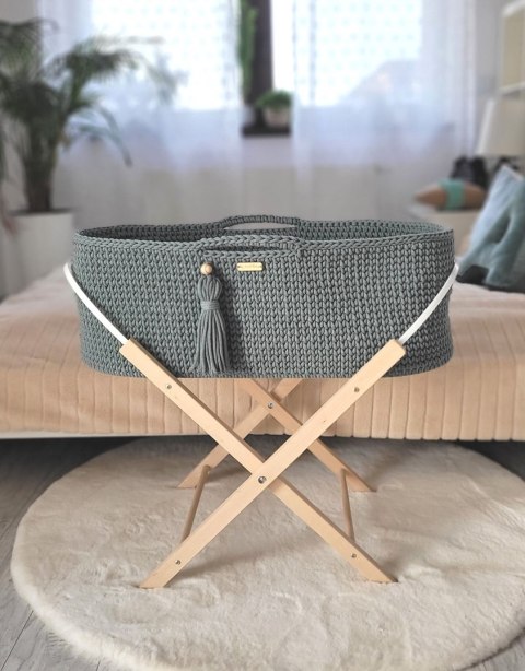 Bawełniany Kosz Mojżesza Boho Handmade z Antybakteryjnym Materacykiem i Stojakiem dla Niemowląt - ciemny zielony Bawełniany Kosz Mojżesza Boho Handmade z Antybakteryjnym Materacykiem i Stojakiem dla Niemowląt - ciemny zielony