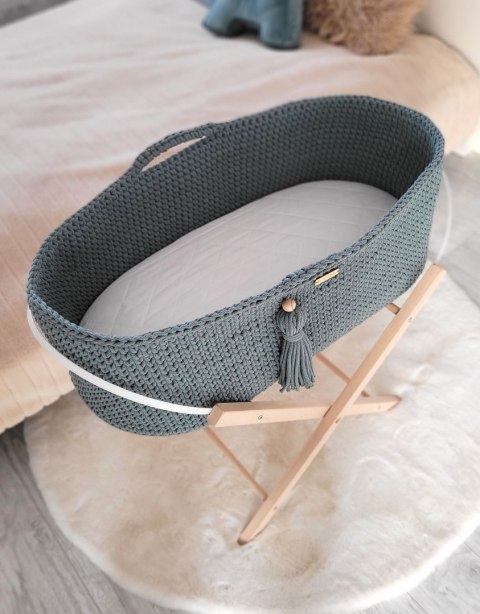 Bawełniany Kosz Mojżesza Boho Handmade z Antybakteryjnym Materacykiem i Stojakiem dla Niemowląt - ciemny zielony Bawełniany Kosz Mojżesza Boho Handmade z Antybakteryjnym Materacykiem i Stojakiem dla Niemowląt - ciemny zielony