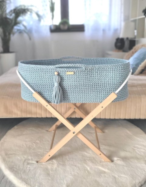 Bawełniany Kosz Mojżesza Boho Handmade z Antybakteryjnym Materacykiem i Stojakiem dla Niemowląt - mglisty niebieski Bawełniany Kosz Mojżesza Boho Handmade z Antybakteryjnym Materacykiem i Stojakiem dla Niemowląt - mglisty niebieski
