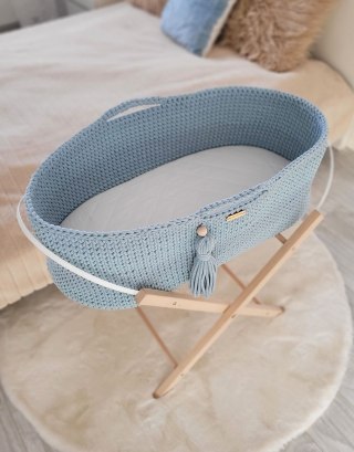 Bawełniany Kosz Mojżesza Boho Handmade z Antybakteryjnym Materacykiem i Stojakiem dla Niemowląt - mglisty niebieski