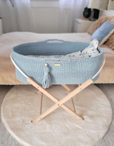 Bawełniany Kosz Mojżesza Boho Handmade z Antybakteryjnym Materacykiem i Stojakiem dla Niemowląt - mglisty niebieski Bawełniany Kosz Mojżesza Boho Handmade z Antybakteryjnym Materacykiem i Stojakiem dla Niemowląt - mglisty niebieski