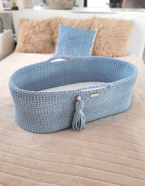 Bawełniany Kosz Mojżesza Boho Handmade z Antybakteryjnym Materacykiem i Stojakiem dla Niemowląt - mglisty niebieski Bawełniany Kosz Mojżesza Boho Handmade z Antybakteryjnym Materacykiem i Stojakiem dla Niemowląt - mglisty niebieski