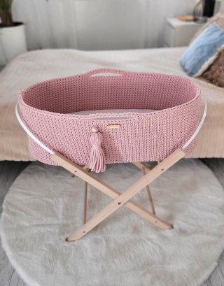 Bawełniany Kosz Mojżesza Boho Handmade z Antybakteryjnym Materacykiem i Stojakiem dla Niemowląt - pastelowy różowy