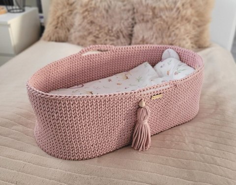 Bawełniany Kosz Mojżesza Boho Handmade z Antybakteryjnym Materacykiem i Stojakiem dla Niemowląt - pastelowy różowy
