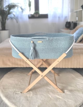 Bawełniany Kosz Mojżesza Boho Handmade z Antybakteryjnym Materacykiem dla Niemowląt - mglisty niebieski