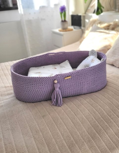 Bawełniany Kosz Mojżesza Boho Handmade z Antybakteryjnym Materacykiem i Stojakiem dla Niemowląt - fioletowy
