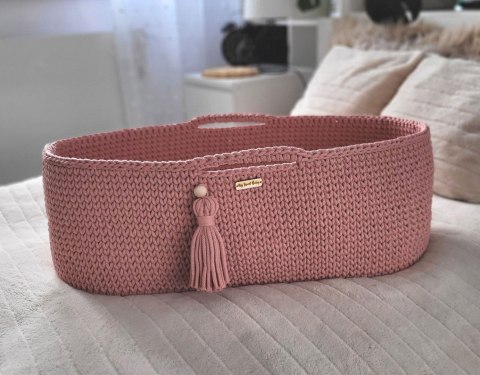 Bawełniany Kosz Mojżesza Boho Handmade z Antybakteryjnym Materacykiem dla Niemowląt - różowy