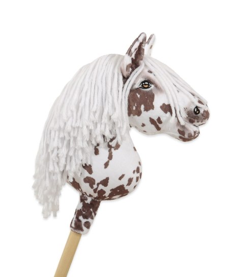 Premium Hobby Horse – Mały koń na kiju A4, biało-brązowy tarantowaty z białą grzywą Premium Hobby Horse – Mały koń na kiju A4, biało-brązowy tarantowaty z białą grzywą