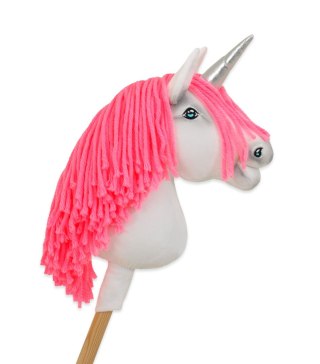 Hobby Horse Jednorożec na kiju mały biały, grzywa neon róż i srebrny róg