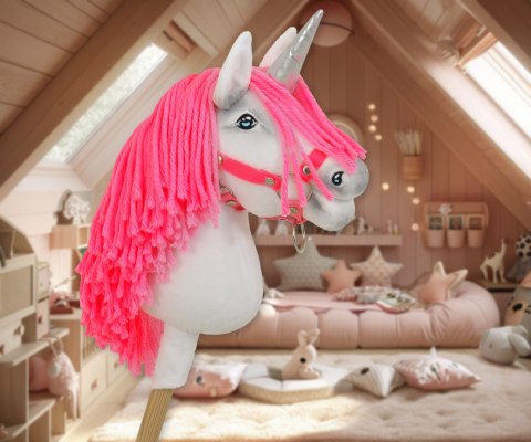 Hobby Horse Jednorożec na kiju mały biały, grzywa neon róż i srebrny róg Hobby Horse Jednorożec na kiju mały biały, grzywa neon róż i srebrny róg