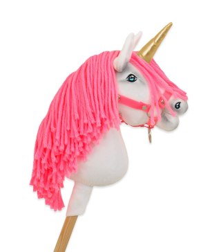 Hobby Horse Jednorożec na kiju mały biały, grzywa neonowy róż i złoty róg