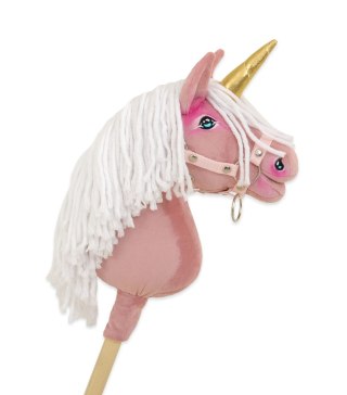 Hobby Horse Jednorożec na kiju mały brudny róż z białą grzywą i złotym rogiem