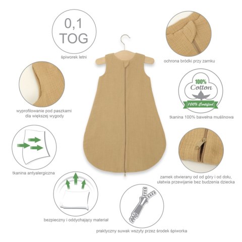 Muślinowy śpiworek dla niemowląt zaokrąglony 0–6 miesięcy TOG 1.0 - 100% bawełna - camel Muślinowy śpiworek dla niemowląt zaokrąglony 0–6 miesięcy TOG 1.0 - 100% bawełna - camel
