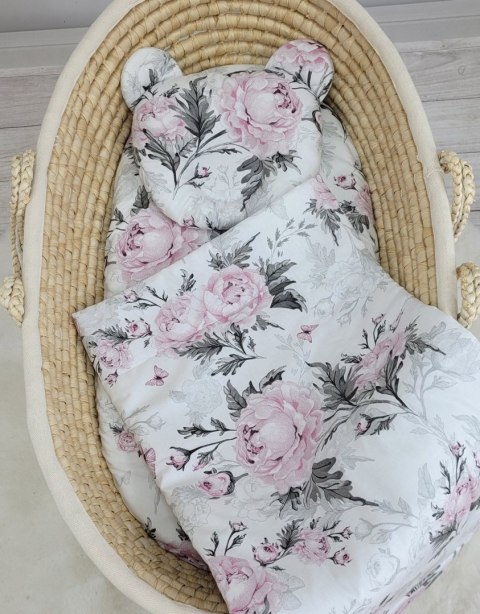 Kołderka z wypełnieniem i poduszka profilowana Miś - zestaw 2cz. - Romantic peonies