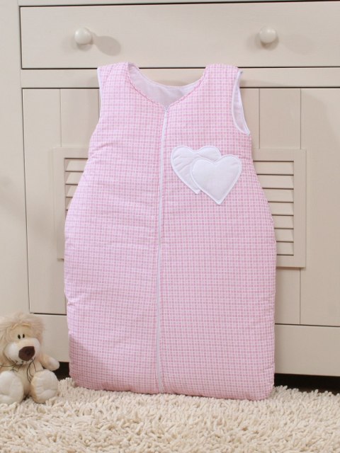 Śpiworek niemowlęcy bawełniany 6–12 miesięcy TOG 2.5 różowy serduszka kratka | Całoroczny, ocieplany do spania