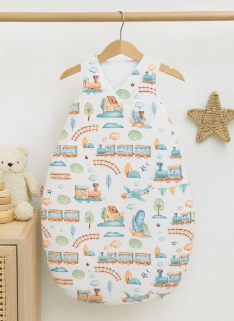 Śpiworek niemowlęcy ocieplany 75 cm – całoroczny, bawełniany, TOG 2,5 - pociąg turkusowy