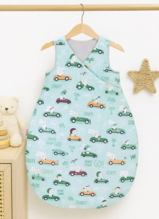 Śpiworek niemowlęcy ocieplany 75 cm – całoroczny, bawełniany, TOG 2,5 - zające w autkach miętowe