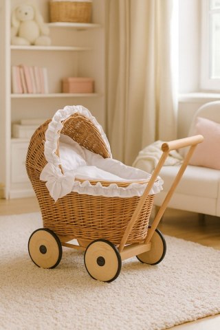 Wiklinowy wózek dla lalek z białą pościelą i wyściółką - naturalny