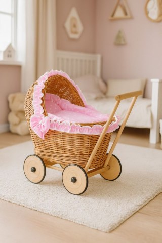 Wiklinowy wózek dla lalek pchacz z różową pościelką i miękką wyściółką- naturalny