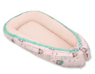 Dwustronny kokon niemowlęcy otulacz – Gniazdko dla niemowląt z certyfikatem Oeko-Tex - sówki kremowe/pudrowy róż