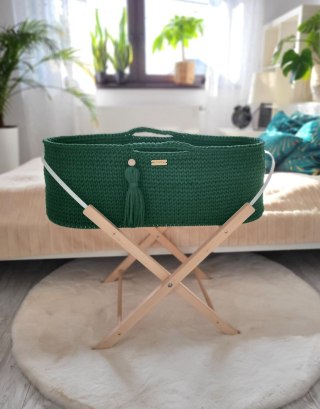 Bawełniany Kosz Mojżesza Boho Handmade z Antybakteryjnym Materacykiem dla Niemowląt - butelkowa zieleń