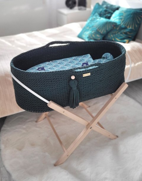 Bawełniany Kosz Mojżesza Boho Handmade z Antybakteryjnym Materacykiem dla Niemowląt - butelkowa zieleń