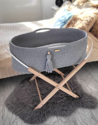 Bawełniany Kosz Mojżesza Boho Handmade z Antybakteryjnym Materacykiem dla Niemowląt - ciemny szary