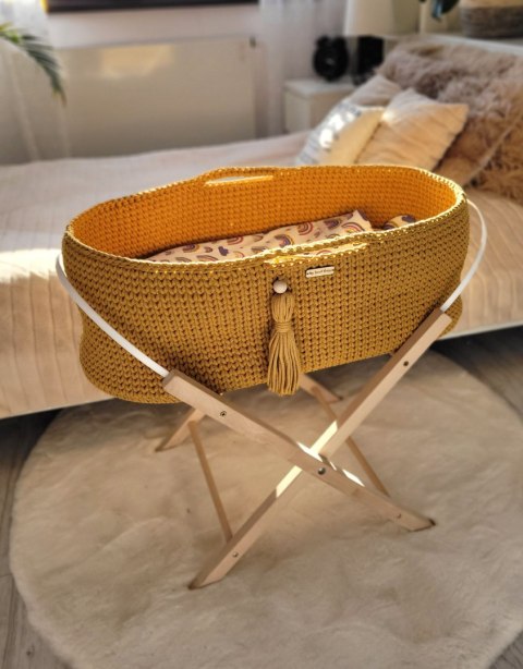Bawełniany Kosz Mojżesza Boho Handmade z Antybakteryjnym Materacykiem dla Niemowląt - musztardowy