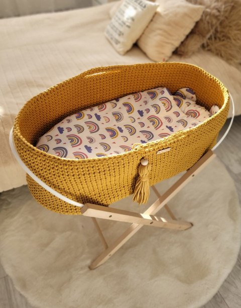 Bawełniany Kosz Mojżesza Boho Handmade z Antybakteryjnym Materacykiem dla Niemowląt - musztardowy