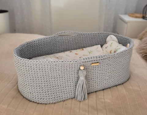 Bawełniany Kosz Mojżesza Boho Handmade z Antybakteryjnym Materacykiem dla Niemowląt - szary Bawełniany Kosz Mojżesza Boho Handmade z Antybakteryjnym Materacykiem dla Niemowląt - szary