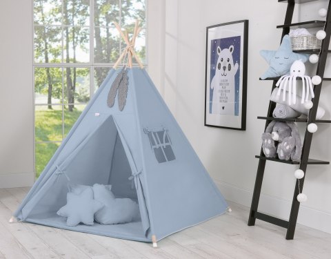 Namiot TIPI dla dzieci + mata + poduszki + zawieszki pióra - brudny niebieski
