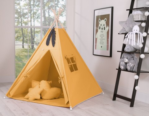 Namiot TIPI dla dzieci +mata + zawieszki pióra - musztardowy