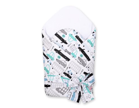 Usztywniany rożek dla niemowląt z wiązaniem - autka szaro-turkusowe