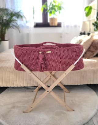 Bawełniany Kosz Mojżesza Boho Handmade z Antybakteryjnym Materacykiem i Stojakiem dla Niemowląt - czerwony
