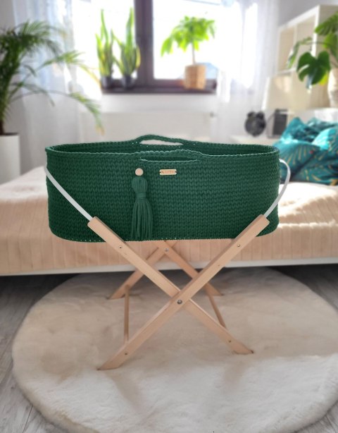 Bawełniany Kosz Mojżesza Boho Handmade z Antybakteryjnym Materacykiem i Stojakiem dla Niemowląt - butelkowa zieleń Bawełniany Kosz Mojżesza Boho Handmade z Antybakteryjnym Materacykiem i Stojakiem dla Niemowląt - butelkowa zieleń