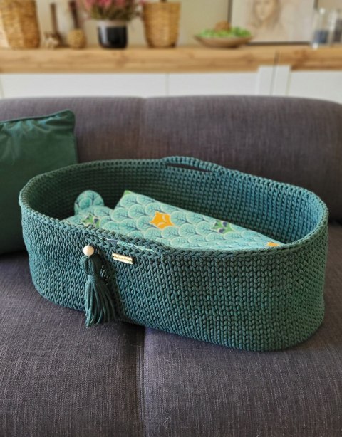 Bawełniany Kosz Mojżesza Boho Handmade z Antybakteryjnym Materacykiem i Stojakiem dla Niemowląt - butelkowa zieleń Bawełniany Kosz Mojżesza Boho Handmade z Antybakteryjnym Materacykiem i Stojakiem dla Niemowląt - butelkowa zieleń