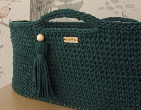 Bawełniany Kosz Mojżesza Boho Handmade z Antybakteryjnym Materacykiem i Stojakiem dla Niemowląt - butelkowa zieleń Bawełniany Kosz Mojżesza Boho Handmade z Antybakteryjnym Materacykiem i Stojakiem dla Niemowląt - butelkowa zieleń