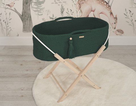 Bawełniany Kosz Mojżesza Boho Handmade z Antybakteryjnym Materacykiem i Stojakiem dla Niemowląt - butelkowa zieleń Bawełniany Kosz Mojżesza Boho Handmade z Antybakteryjnym Materacykiem i Stojakiem dla Niemowląt - butelkowa zieleń