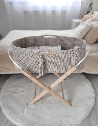 Bawełniany Kosz Mojżesza Boho Handmade z Antybakteryjnym Materacykiem i Stojakiem dla Niemowląt - jasny beżowy